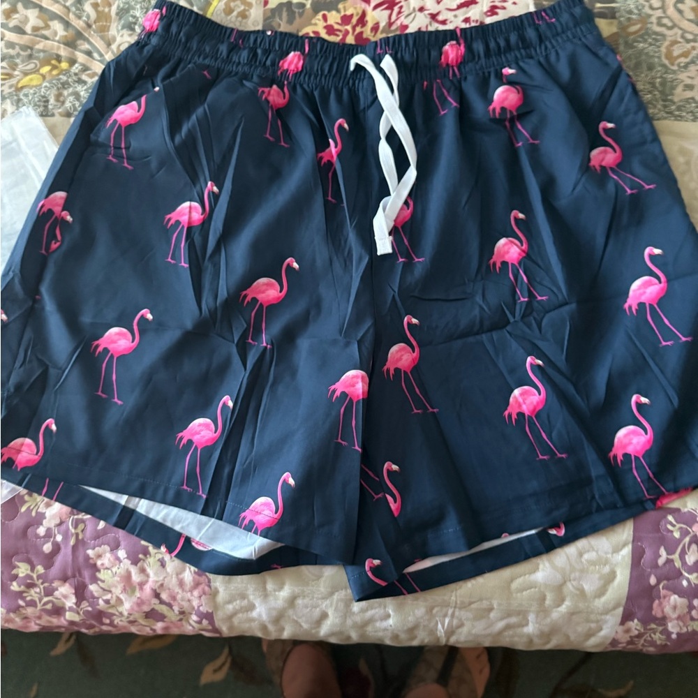 Navy Flamingo Print Men's Swim Trunks